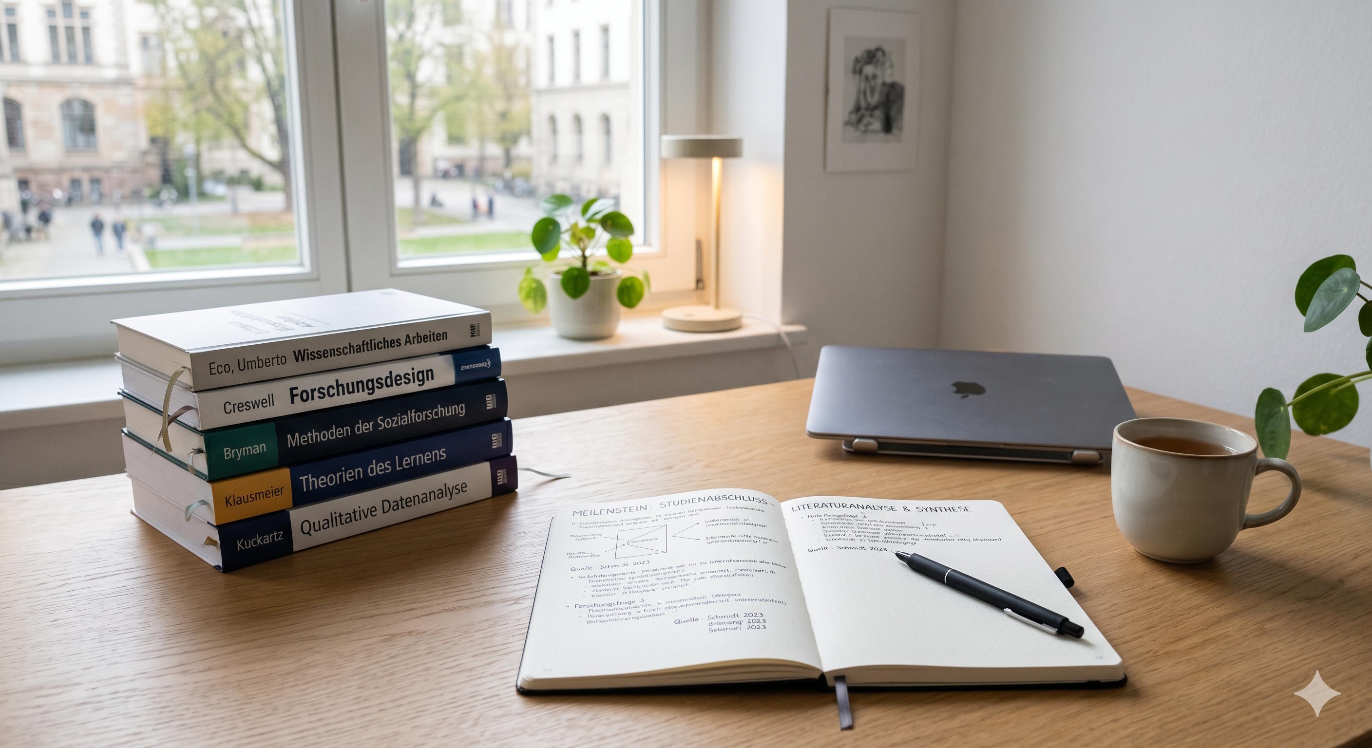  Ein minimalistisch gehaltener Arbeitsplatz mit aufgeschlagenem Notizbuch und sauber angeordneter Literatur. Vermittelt Ruhe, Konzentration und Strukturierung im studentischen Meilenstein. 